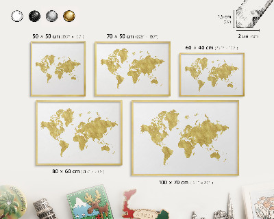Magnettafel dekorativ bedruckt mit goldenem Rahmen Weltkarte
