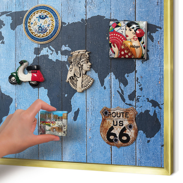 Magnettafel für Urlaubsmagnete in Goldrahmen Weltkarte
