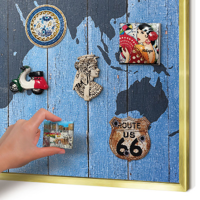 Magnettafel für Urlaubsmagnete in Goldrahmen Weltkarte