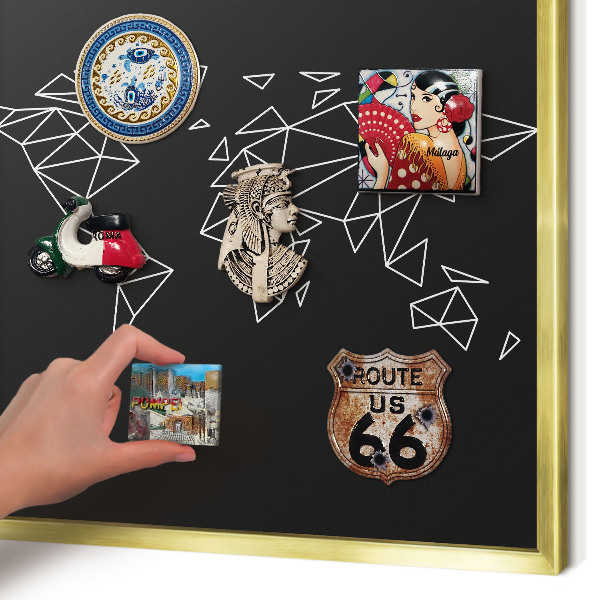 Magnettafel für Urlaubsmagnete in Goldrahmen Weltkarte