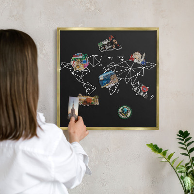 Magnettafel für Urlaubsmagnete in Goldrahmen Weltkarte