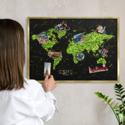Magnettafel für Urlaubsmagnete in Goldrahmen Grüne Karte