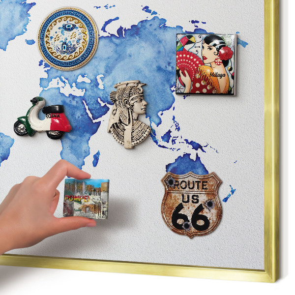 Magnettafel für Urlaubsmagnete in Goldrahmen Aquarellkarte