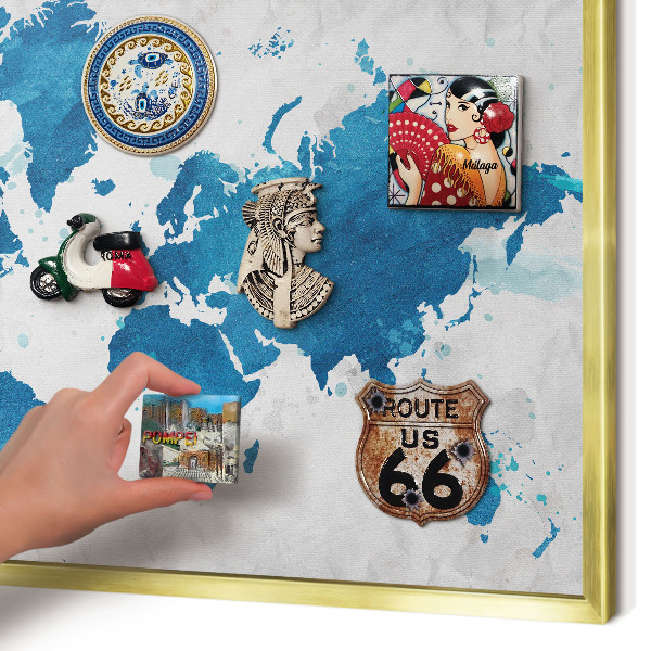 Magnettafel für Urlaubsmagnete in Goldrahmen Aquarellkarte