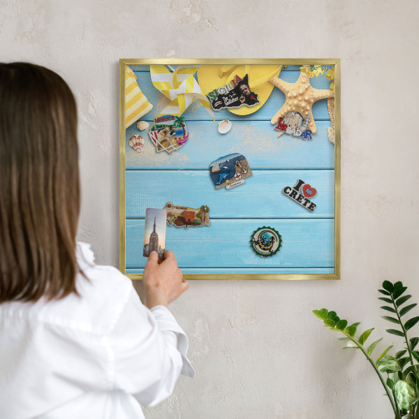 Magnettafel für Urlaubsmagnete in Goldrahmen Strandatmosphäre