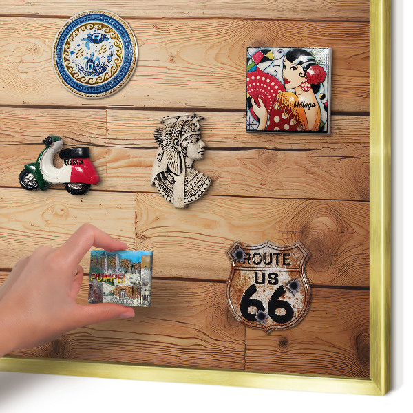 Magnettafel für Urlaubsmagnete in Goldrahmen Holzbretter