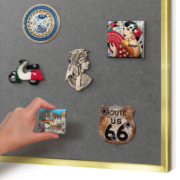 Magnettafel für Urlaubsmagnete in Goldrahmen Graue Textur