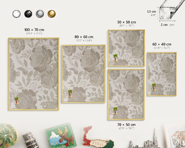 Magnettafel für Urlaubsmagnete in Goldrahmen Vintage-Blumen