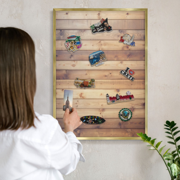 Magnettafel für Urlaubsmagnete in Goldrahmen Holzbretter