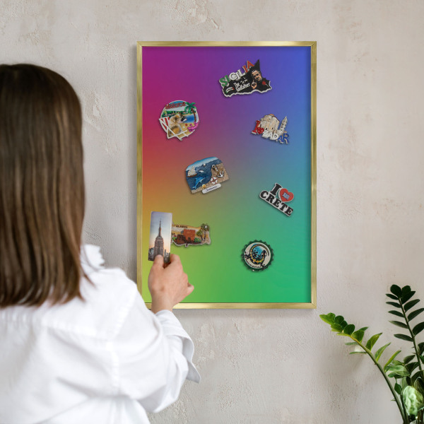 Magnettafel dekorativ bedruckt mit goldenem Rahmen Regenbogenfarben