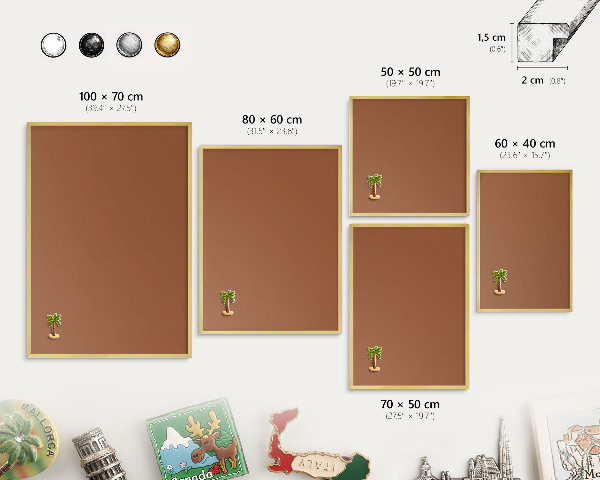 Magnettafel für Urlaubsmagnete in Goldrahmen Dunkelorange