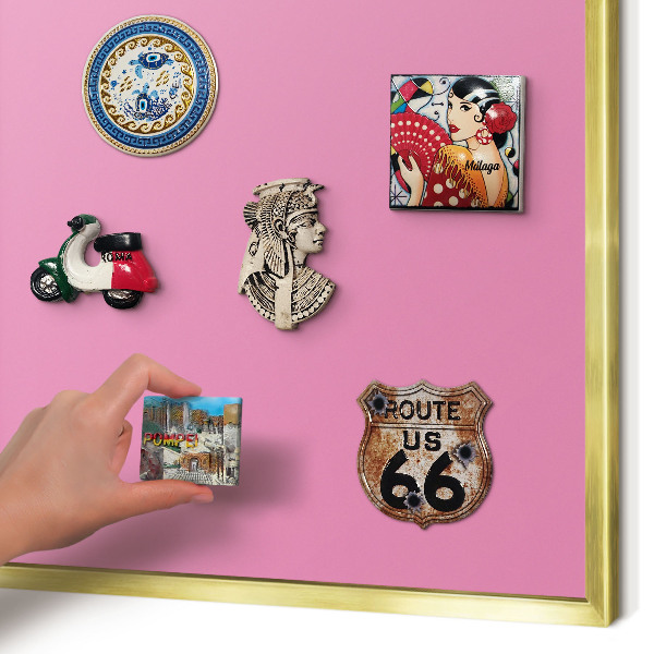 Magnettafel für Urlaubsmagnete in Goldrahmen Kühles Rosa