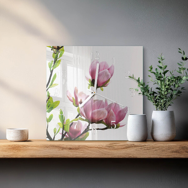 Wanduhr quadratisch Magnolienblüte