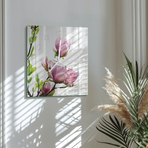 Wanduhr quadratisch Magnolienblüte