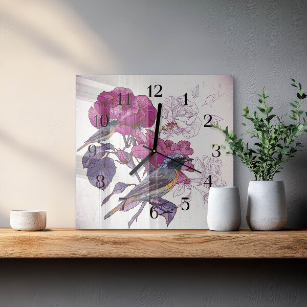 Wanduhr aus glas Vögel Blumen