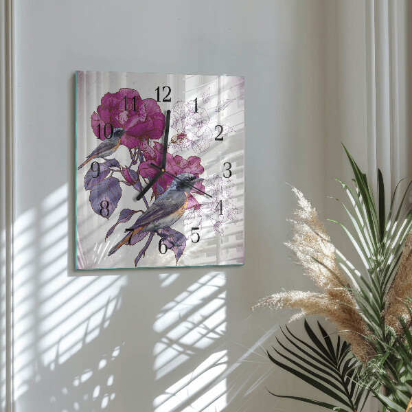 Wanduhr aus glas Vögel Blumen