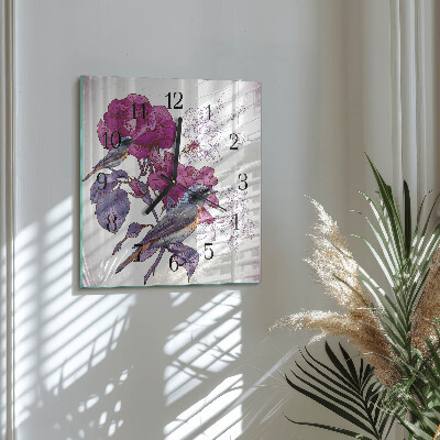 Wanduhr aus glas Vögel Blumen