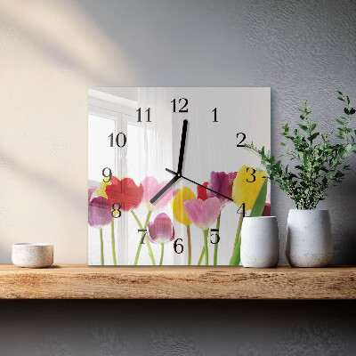 Wanduhr aus glas Bunte Tulpen