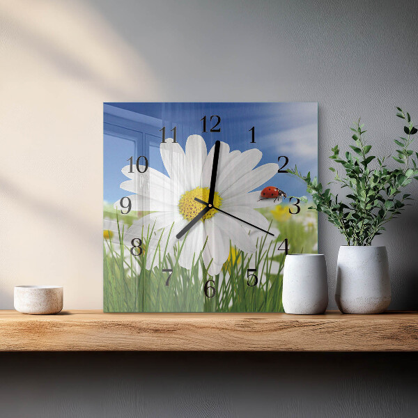 Wanduhr aus glas Blume und Marienkäfer