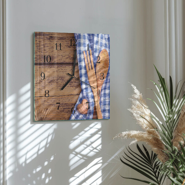 Wanduhr aus glas Holz und Besteck